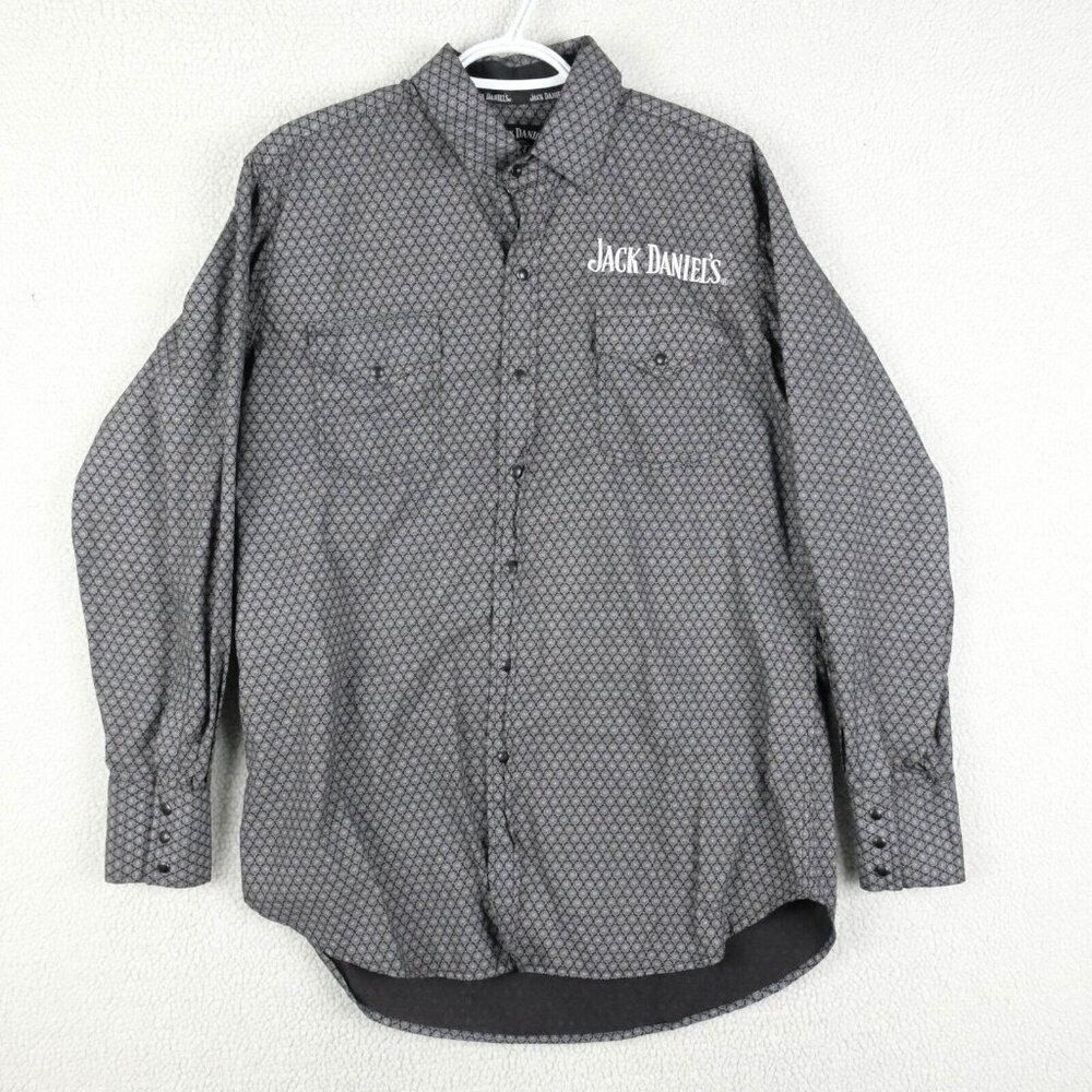 Jack Daniels Shirt Mens Large Black White Geometric Button Up No7 Bar Pool